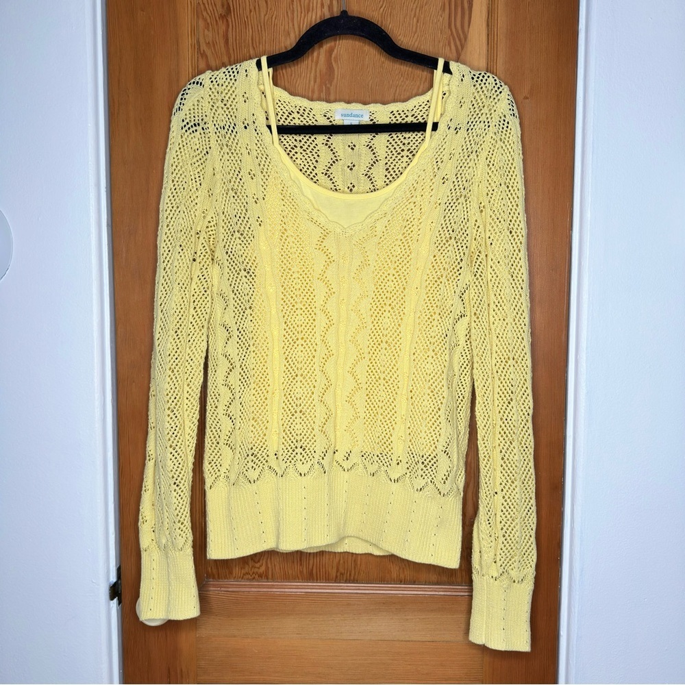 sundance open crochet knit linen blend long sleeve sweater
